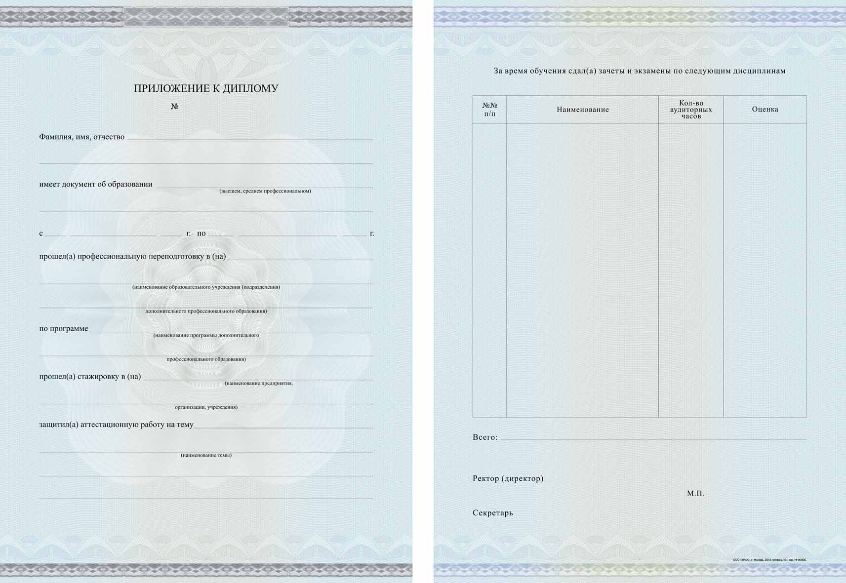 Приложение к диплому о профессиональной переподготовке установленного образца